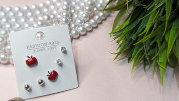 Set of 3, Apple, Diamond And Silver, S925 Studs