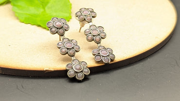 Silver Oxidized Triple Flower Pink Stone Studded Long Earrings