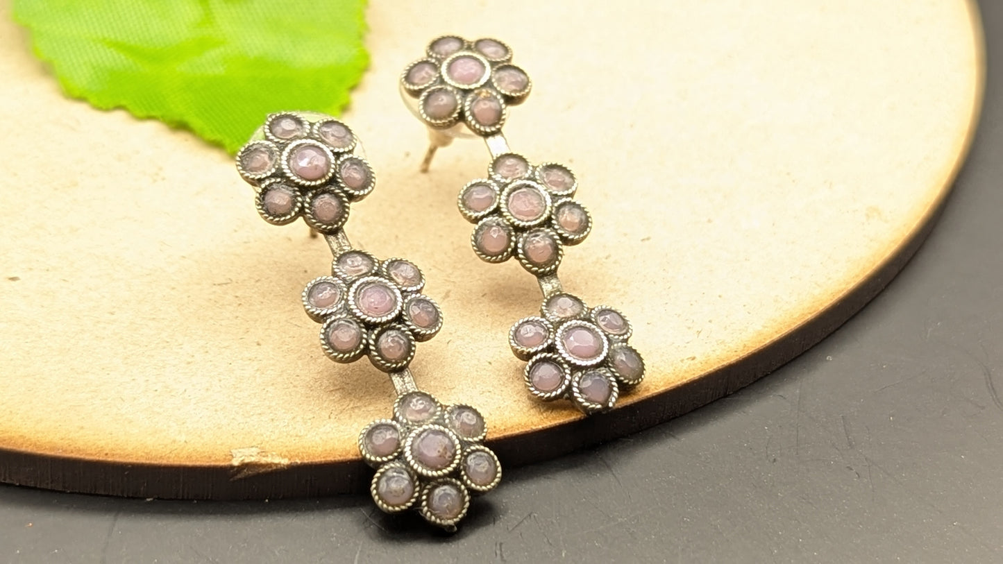 Silver Oxidized Triple Flower Pink Stone Studded Long Earrings