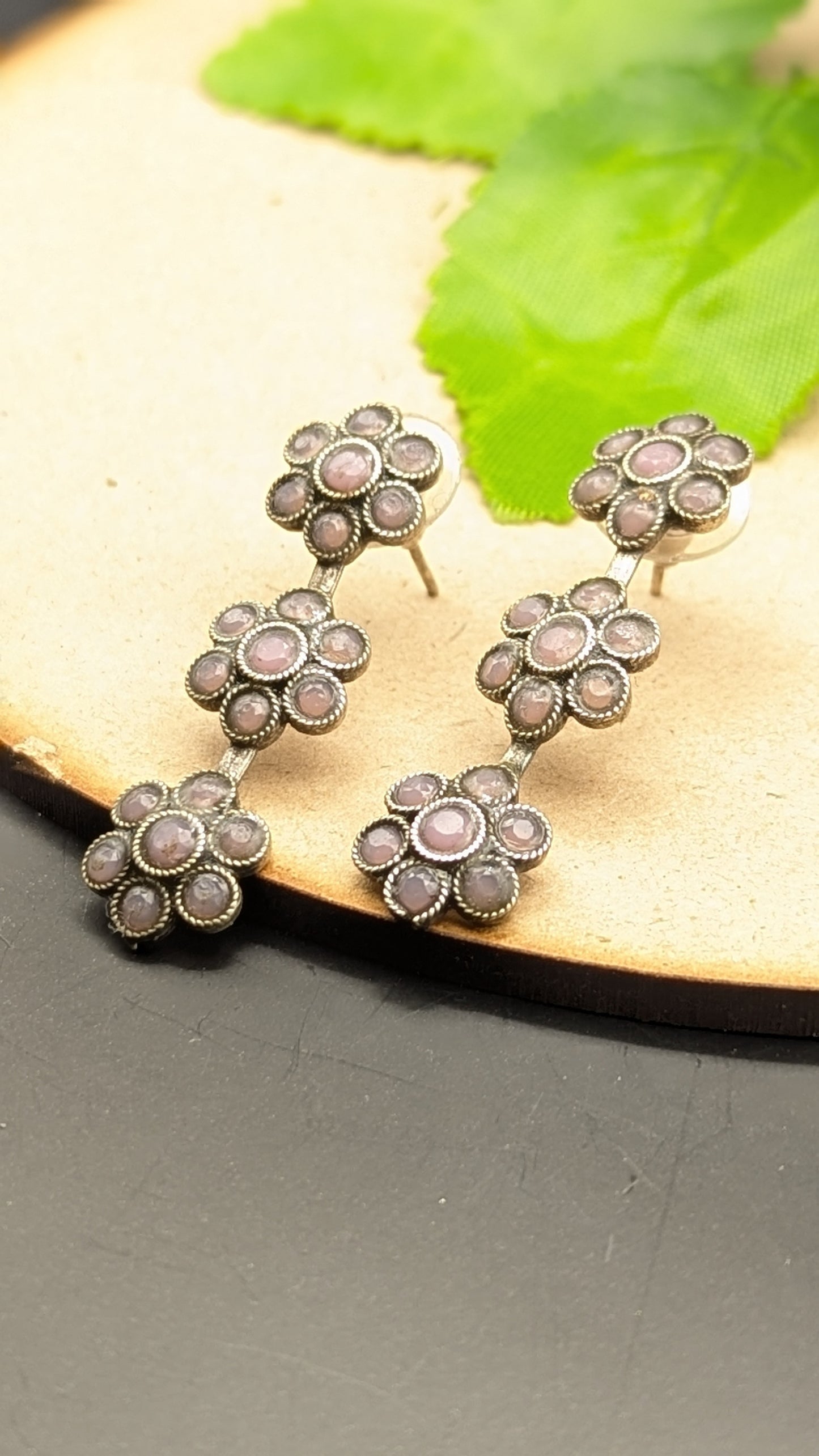 Silver Oxidized Triple Flower Pink Stone Studded Long Earrings