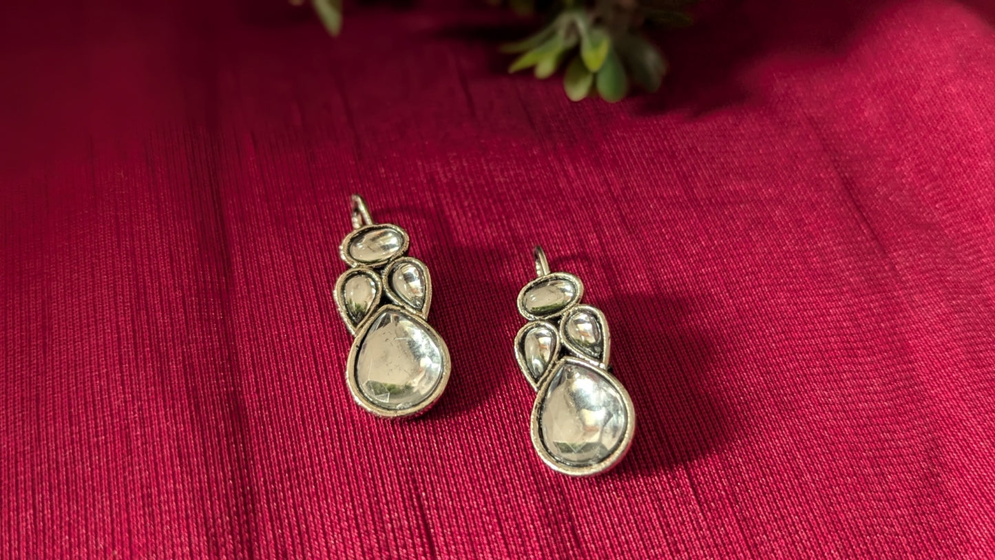 White Stone Silver Oxidizer Rajasthani Fish Hook Stud Earring