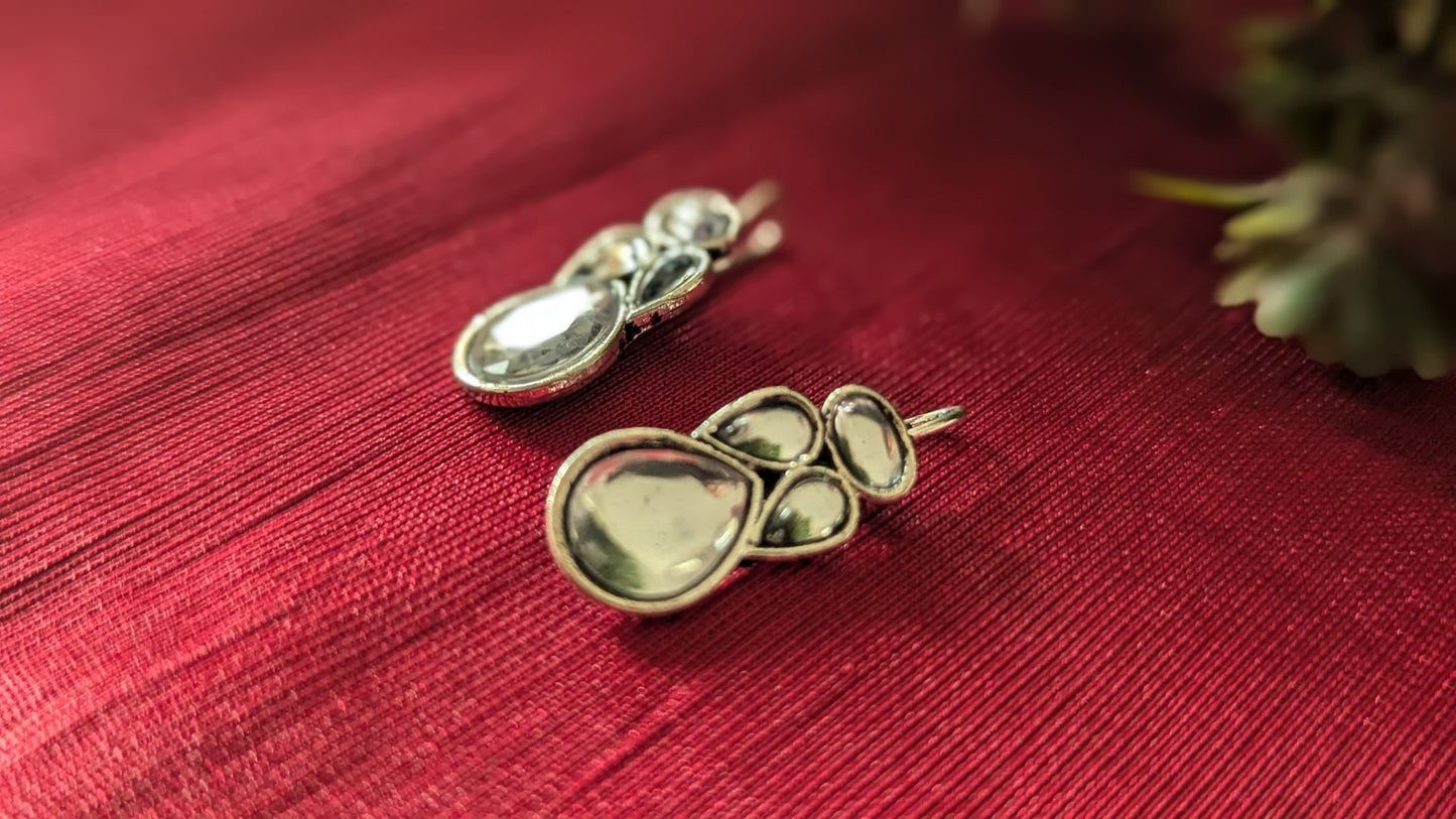 White Stone Silver Oxidizer Rajasthani Fish Hook Stud Earring