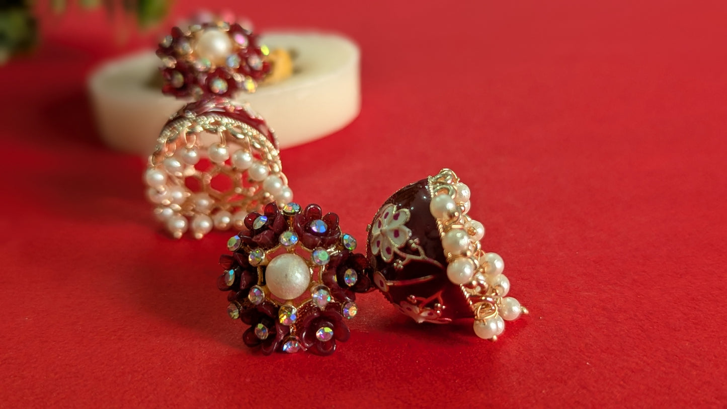 Traditional Meenakaari Maroon Jhumkas