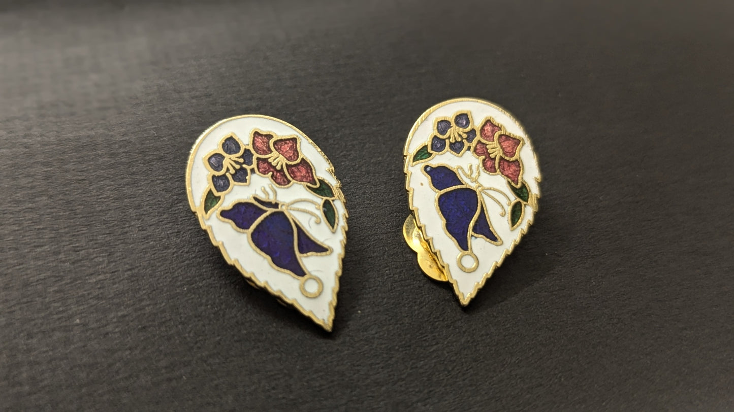 Vintage Clip-On Enamel Butterfly and Lotus Korean Earring