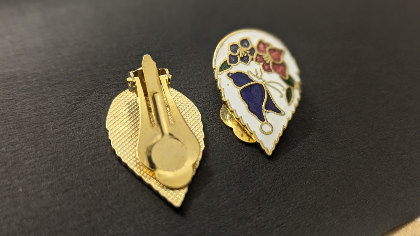 Vintage Clip-On Enamel Butterfly and Lotus Korean Earring
