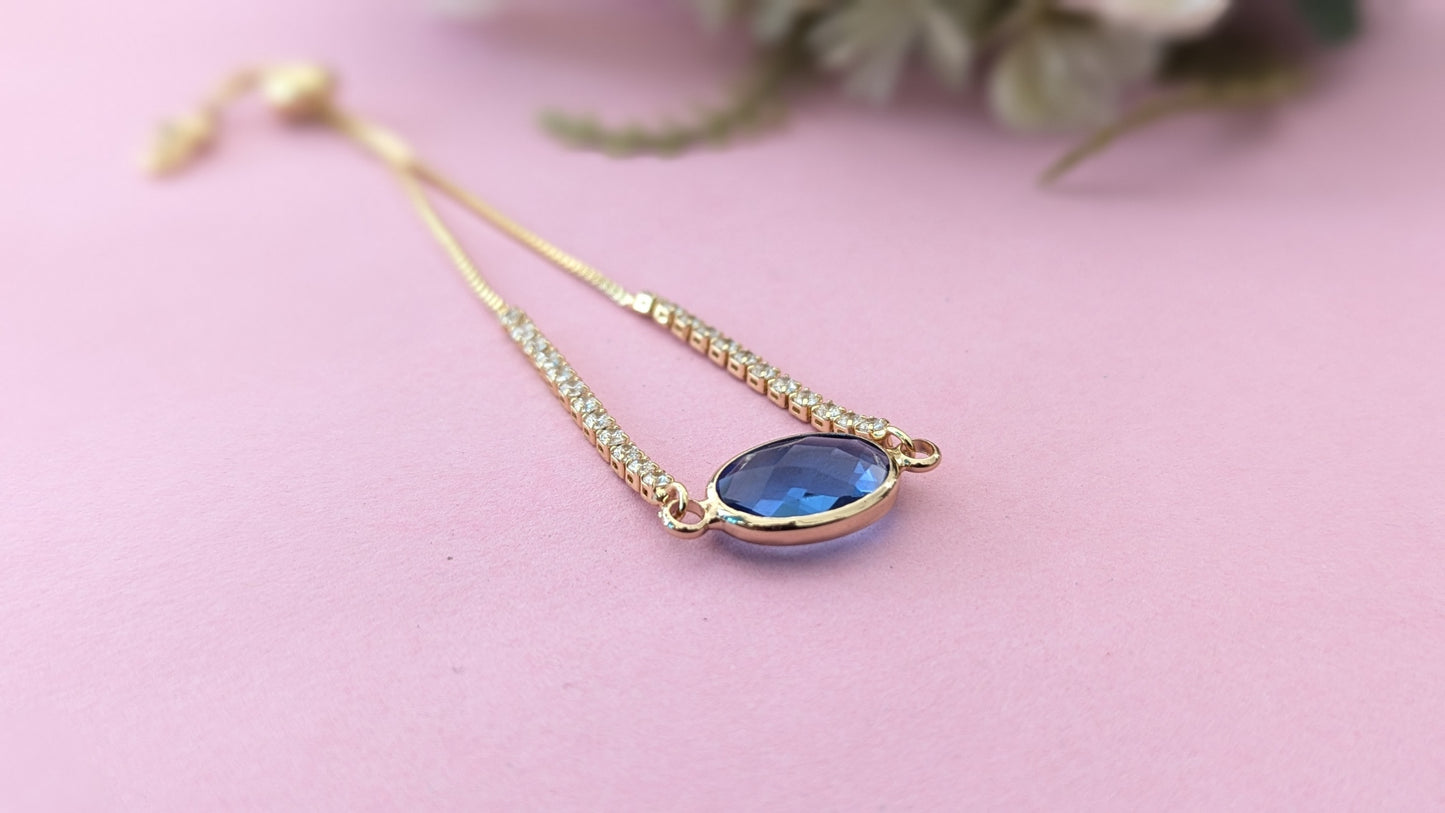 Oval Blue Crystal Stone Gold Chain Bracelet With CZ Diamonds