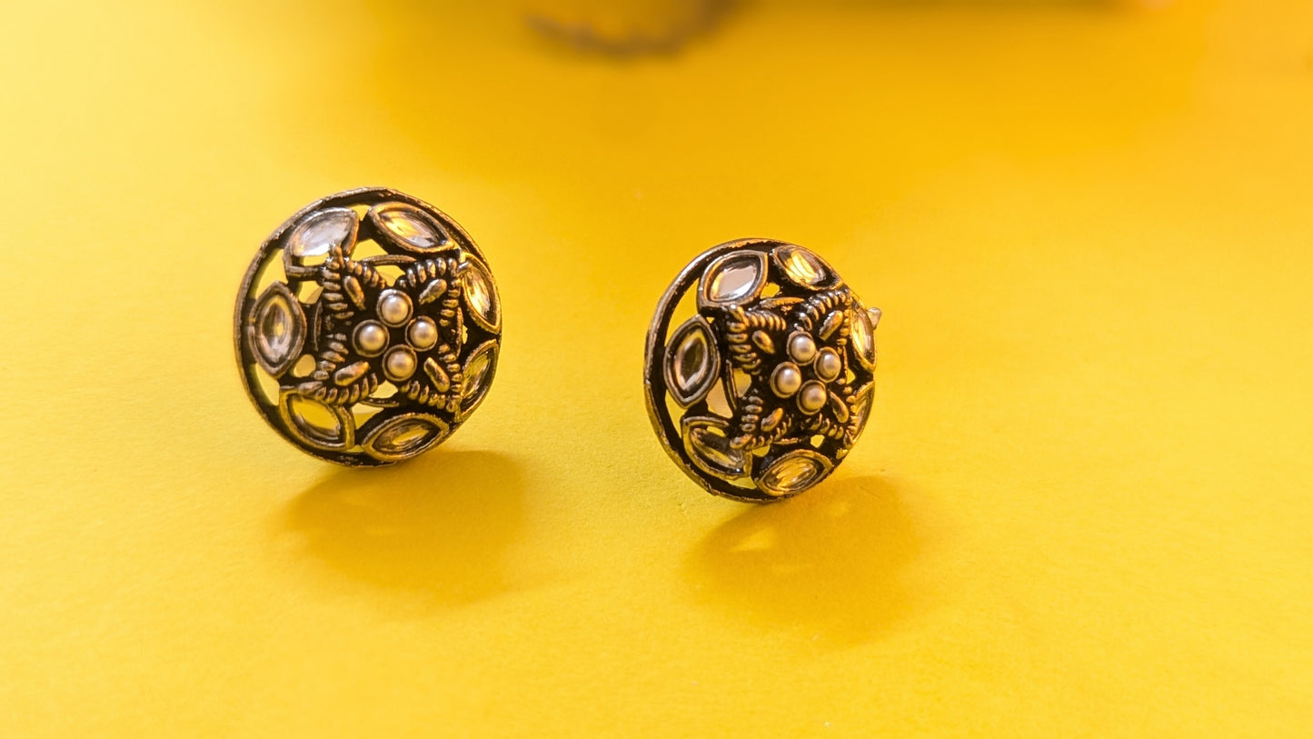 White Kundan Stone Studded Round Silver Oxidized Stud Earring