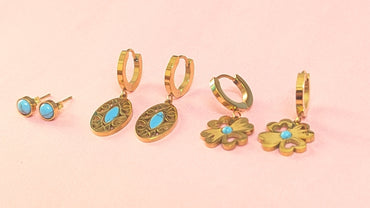 Set Of Three Stainless Steel Blue Stud Earrings