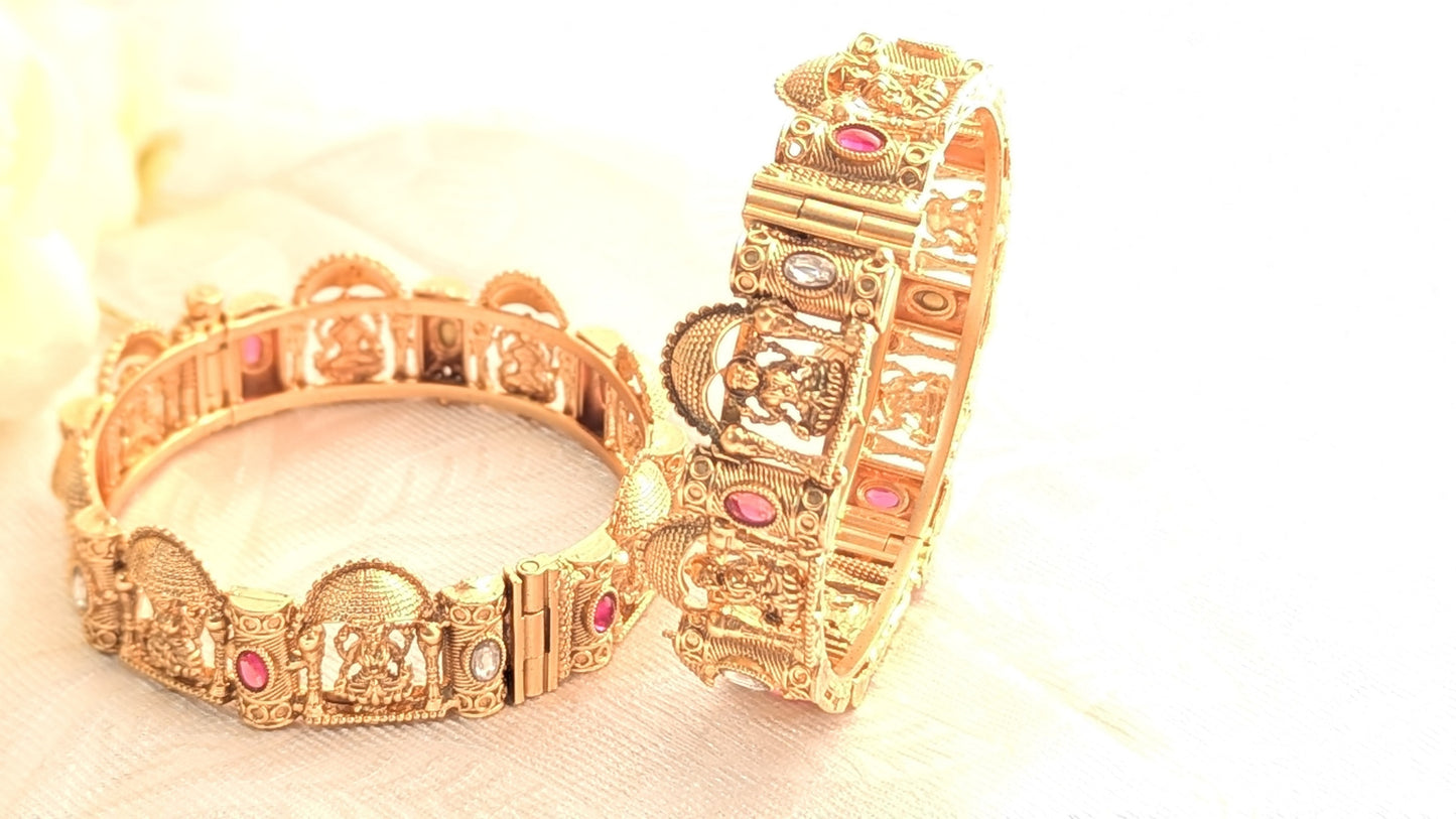 Gold Plated Set Of 2 Adjustable Temple Jewelry Bangle With Maa Laxmi Carvings