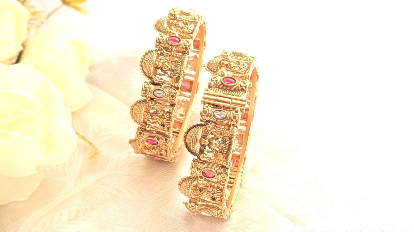 Gold Plated Set Of 2 Adjustable Temple Jewelry Bangle With Maa Laxmi Carvings
