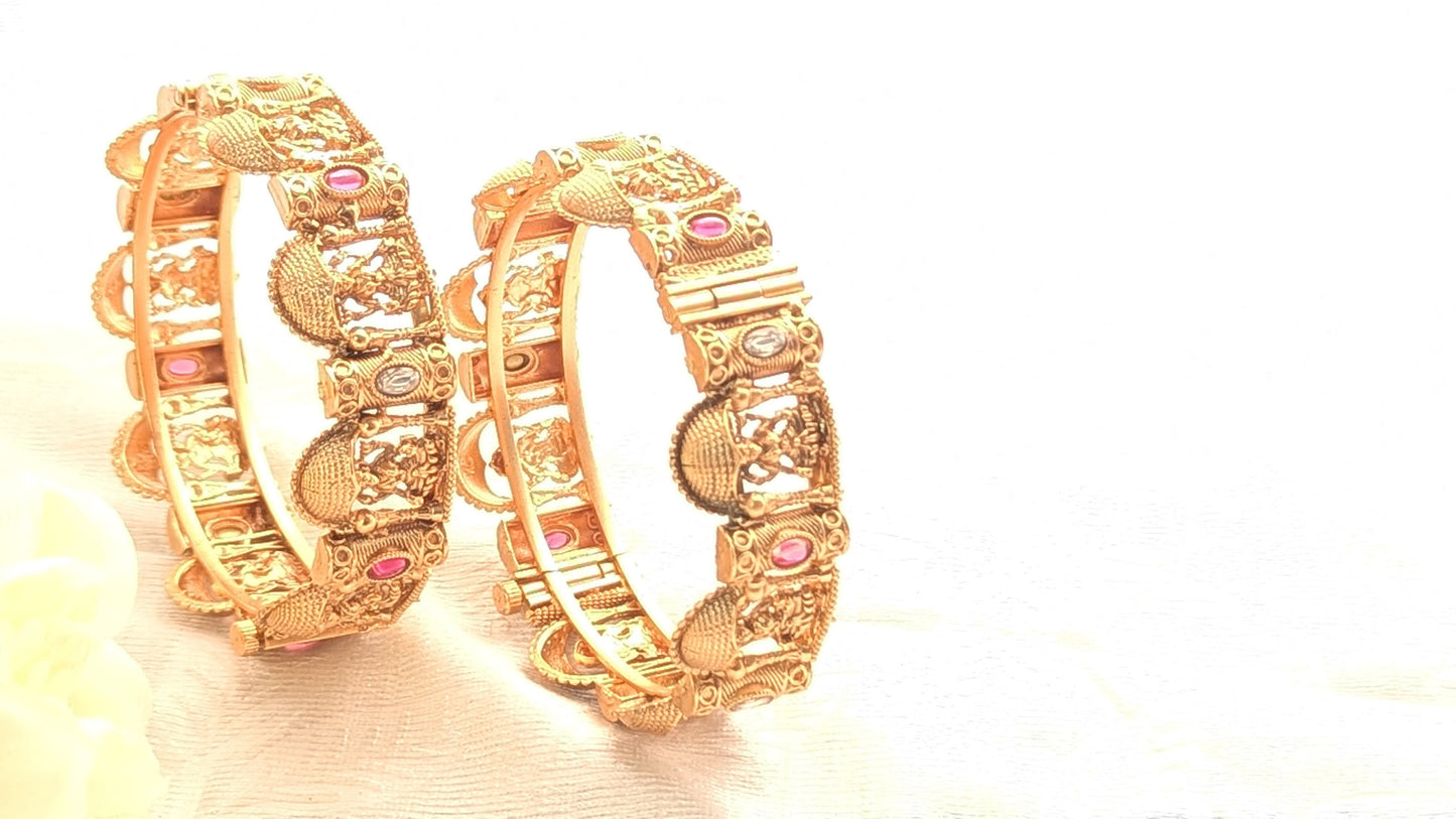 Gold Plated Set Of 2 Adjustable Temple Jewelry Bangle With Maa Laxmi Carvings