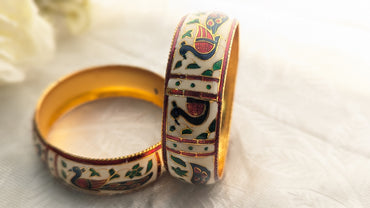 Traditional Set Of 2 White Color Minakari Bangles With Peacock Enamel Work | Size 2.6