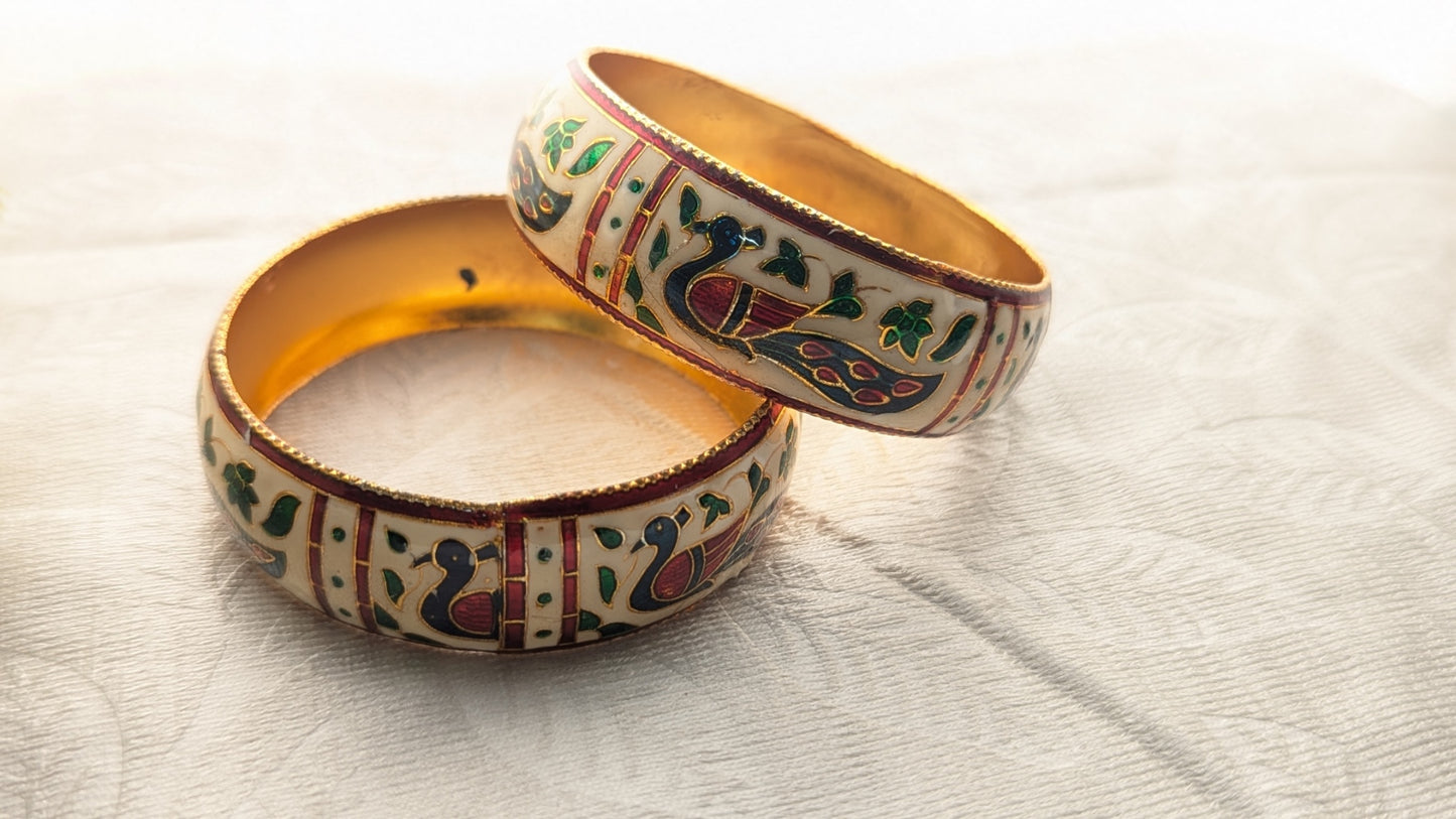 Traditional Set Of 2 White Color Minakari Bangles With Peacock Enamel Work | Size 2.6