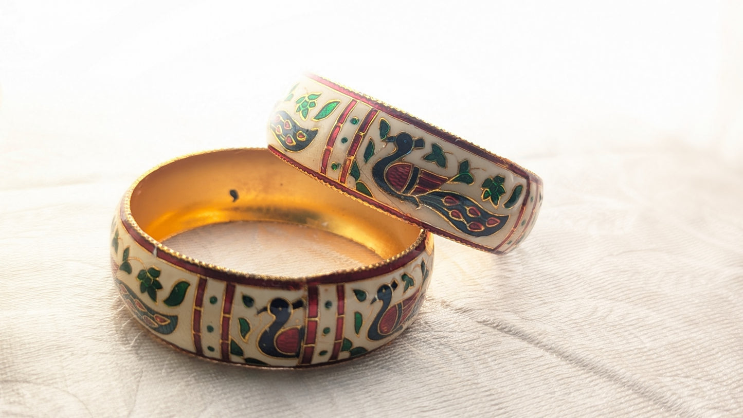 Traditional Set Of 2 White Color Minakari Bangles With Peacock Enamel Work | Size 2.6