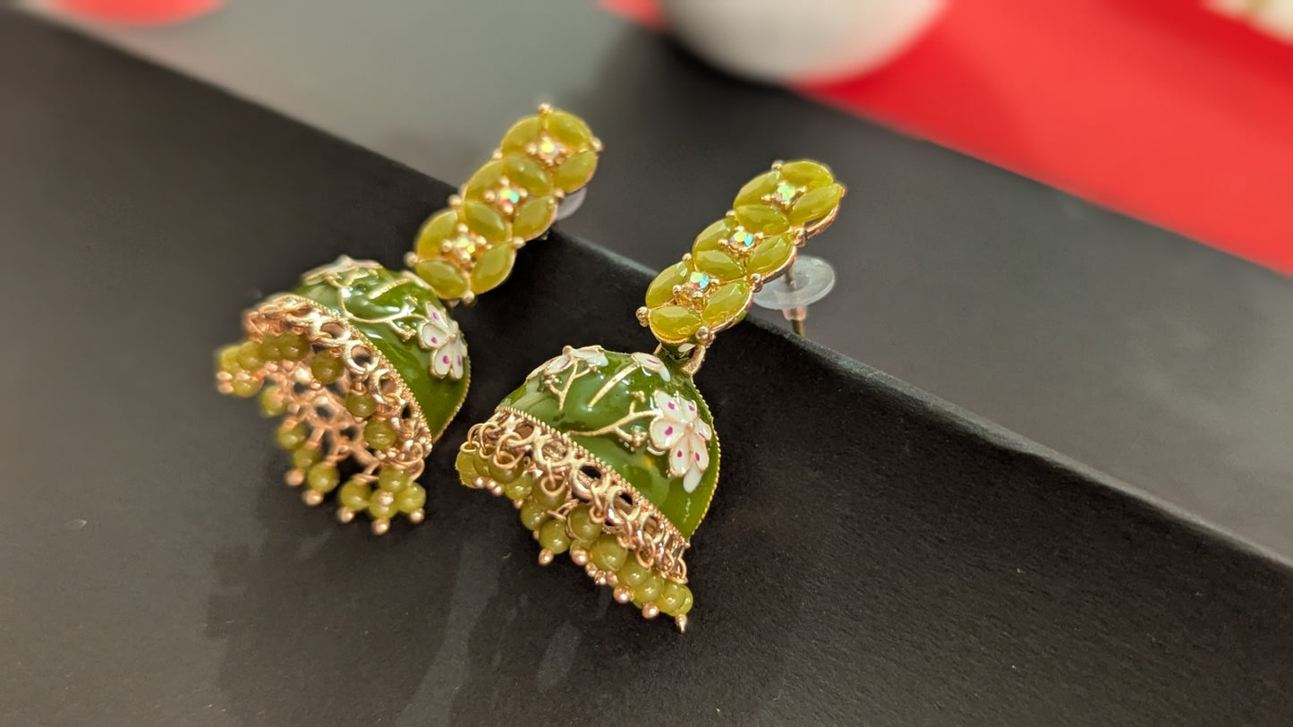 Light Green Dome Shaped Meenakari Jhumki