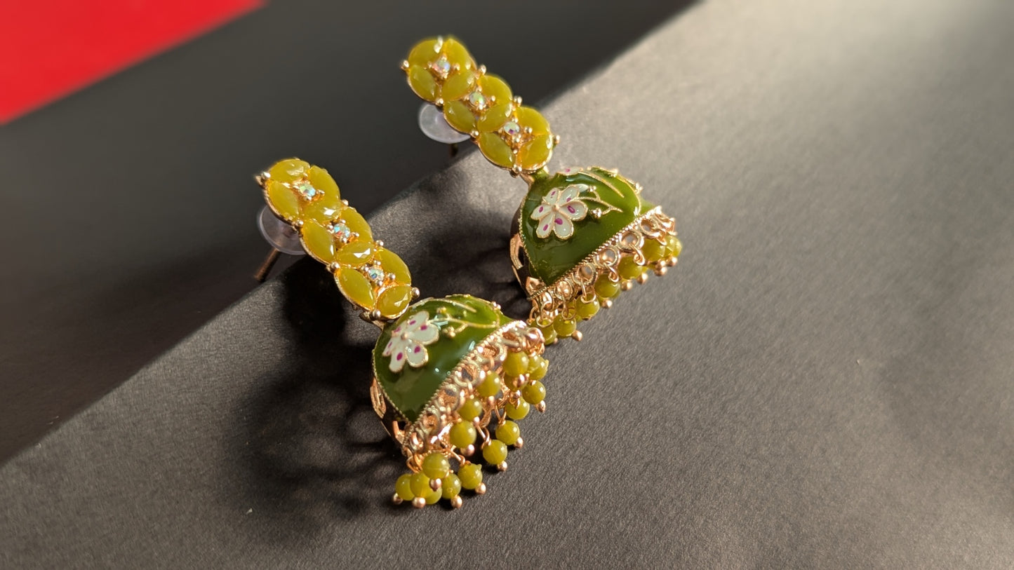 Light Green Dome Shaped Meenakari Jhumki