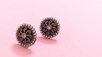 Round Pearl Studded Silver Oxidized Stud Earring With White Stone In Center