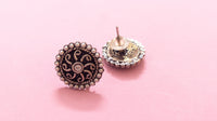 Round Pearl Studded Silver Oxidized Stud Earring With White Stone In Center